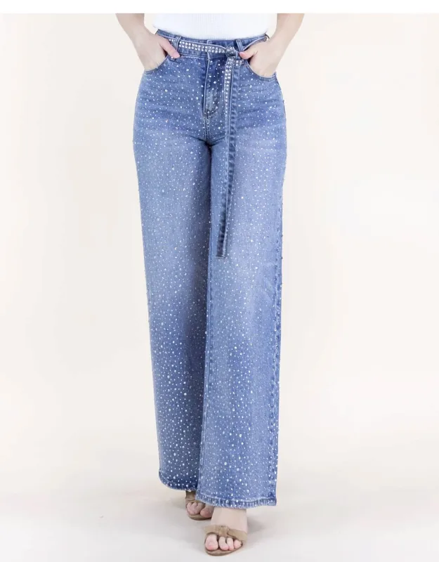 Rhinestone Embellished Belted High Rise Wide Leg Jeans