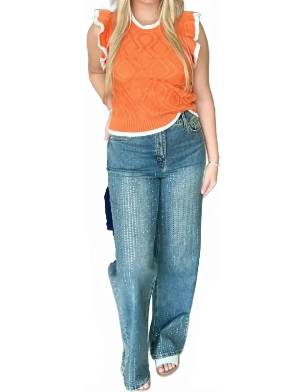 Square Rhinestone Lines Embellished High Rise Ultra Wide Leg Jeans