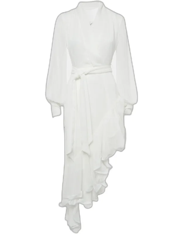 White Chiffon Ruffled Asymmetric Dress