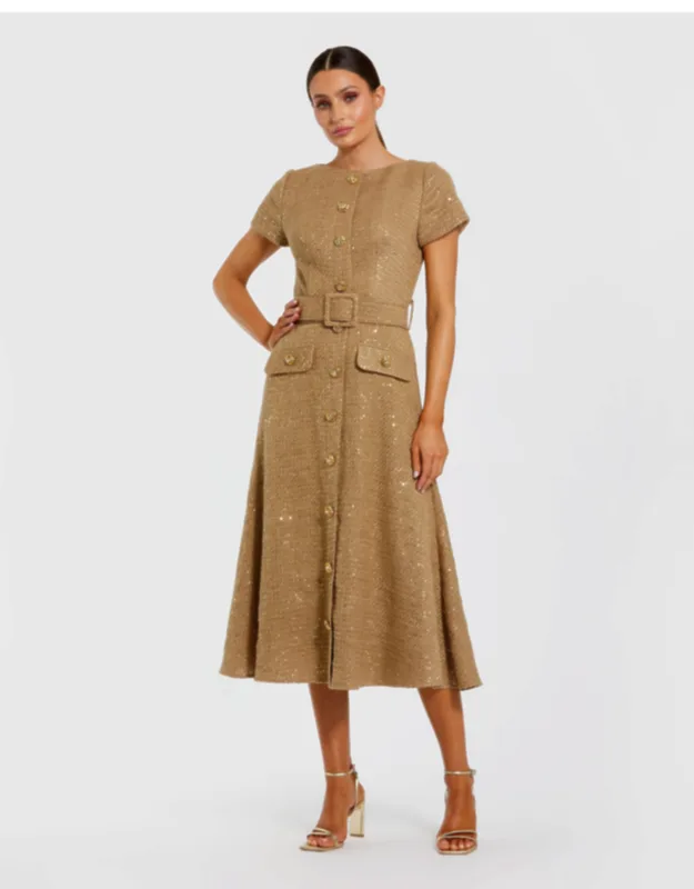 Gold Boucle Cap Sleeve High Neck Button Up Midi Dress