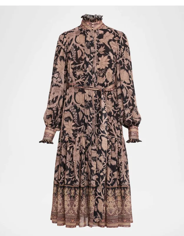 Moses Pintuck Floral-print Midi Dress