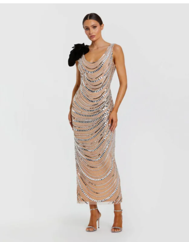 Silver Sand Sequin Cowl Wedding Guest Midi Dress With Velvet Flower