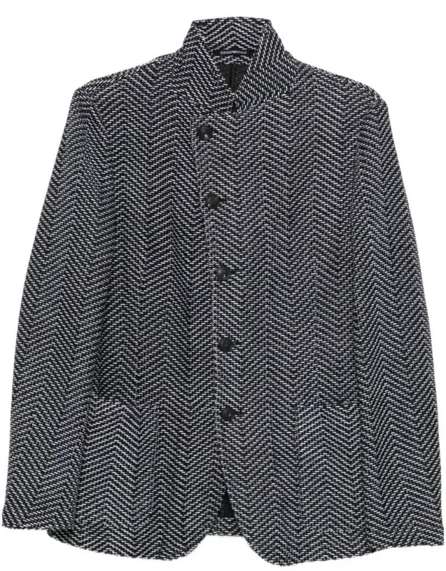 Blazer With Off-center Front Button Placket And High Collar