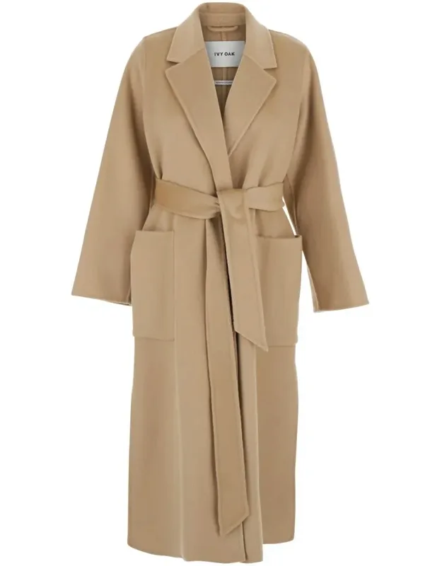 Celia Coat With Classic Lapels And Belt Closure In Wool