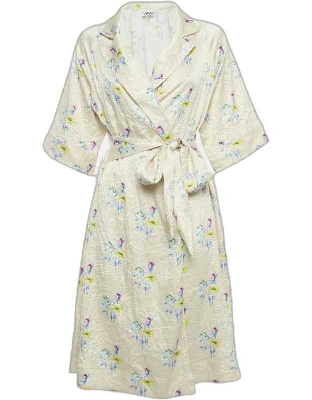 Floral Print Satin Crinkled Wrap Dress