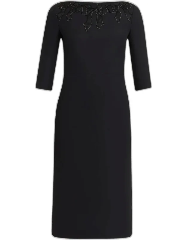 Bow Embroidered Wool Silk Midi Dress