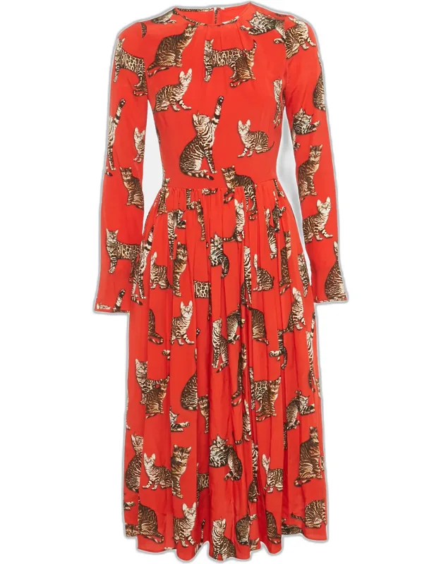 Cat Print Silk Midi Dress