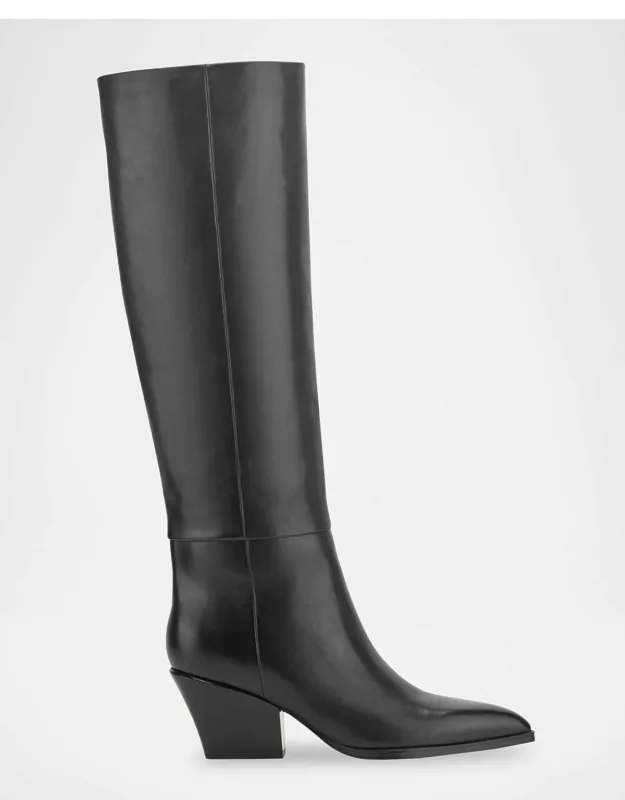 Stacked Heel Leather Knee-high Boots