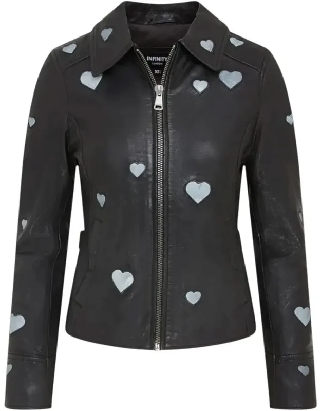 Leather Classic Shirt Collar Heart Print Jacket