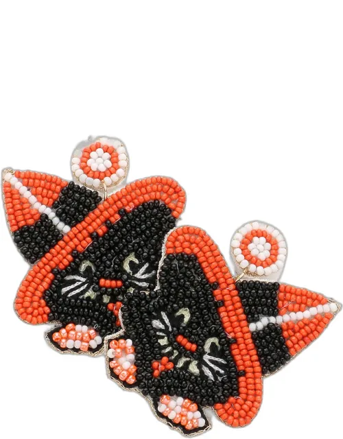 Felt Back Seed Beaded Witch Hat Cat Dangle Earring