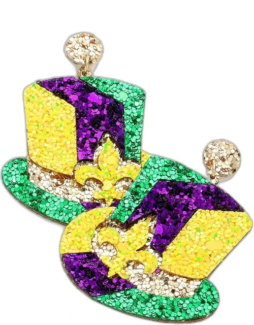 Mardi Gras Fleur De Lis Pointed Glittered Hat Dangle Earrings