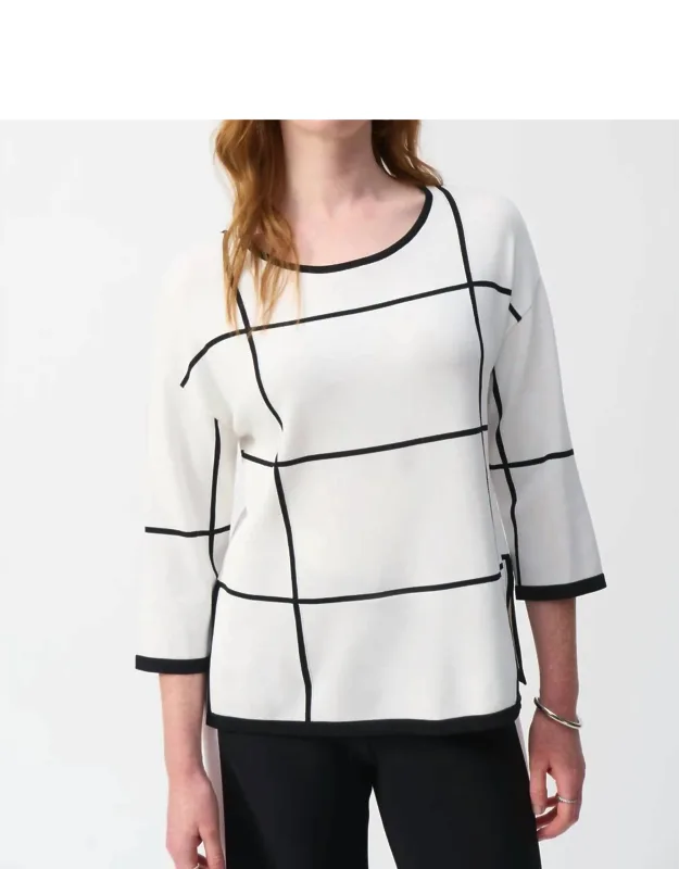 Two-tone Plaid 3/4 Sleeve Lightweight Sweater Top