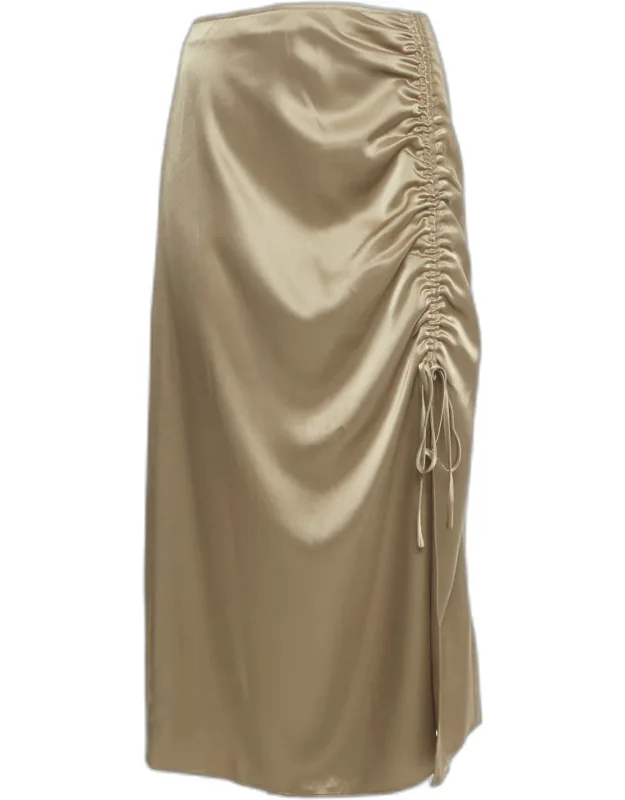 Gold Satin Ruched Slit Detail Midi Skirt