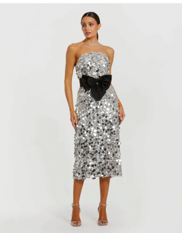 Silver Strapless Paillete Column Wedding Guest Midi Dress With Bow