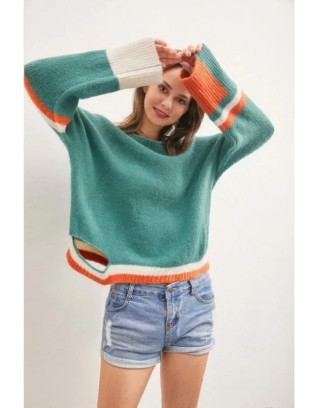 Color Block Sweater With Cut Out