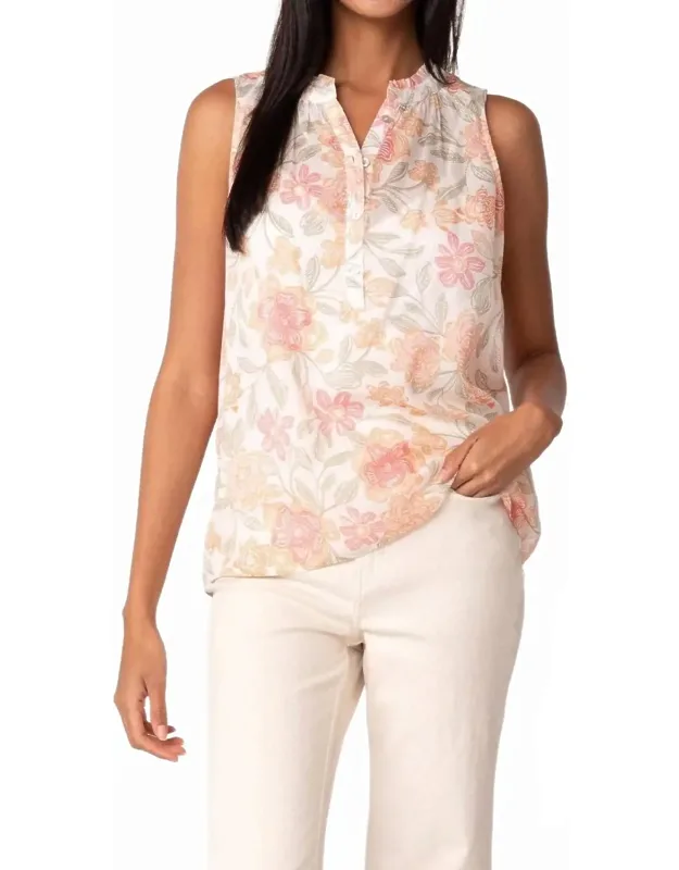 Sheer Floral Button Front Ruffle Neck Tank Top