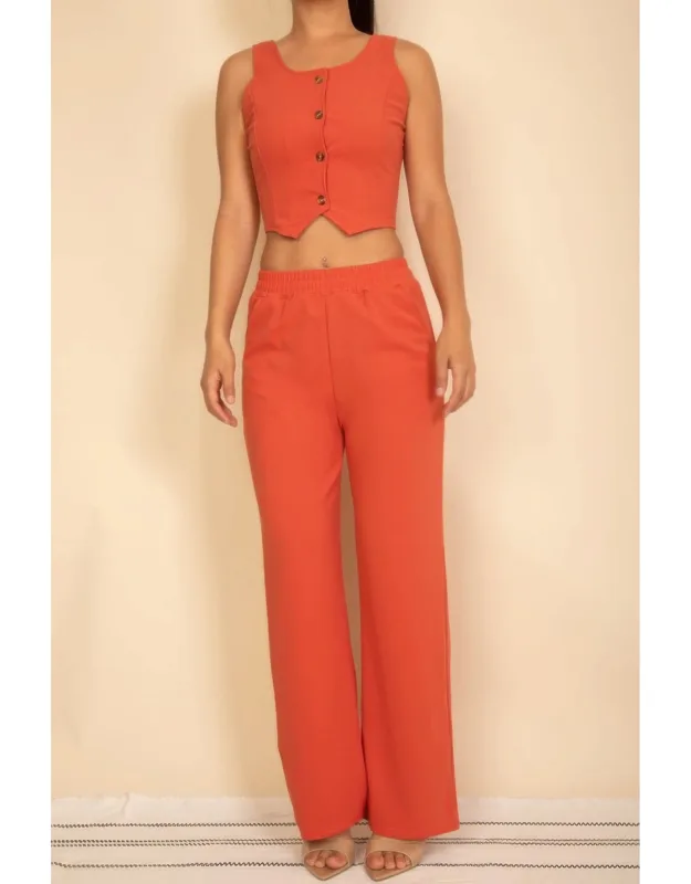 Scoop Neck Button Vest & Wide Leg Pants Set