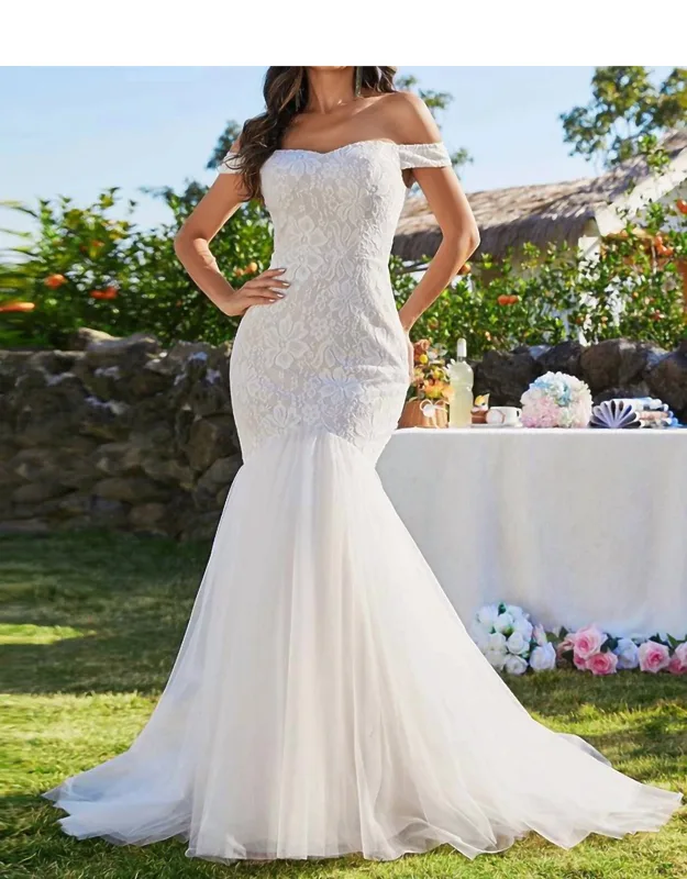 Elegant Fishtail Floor Length Off Shoulder Wedding Dress
