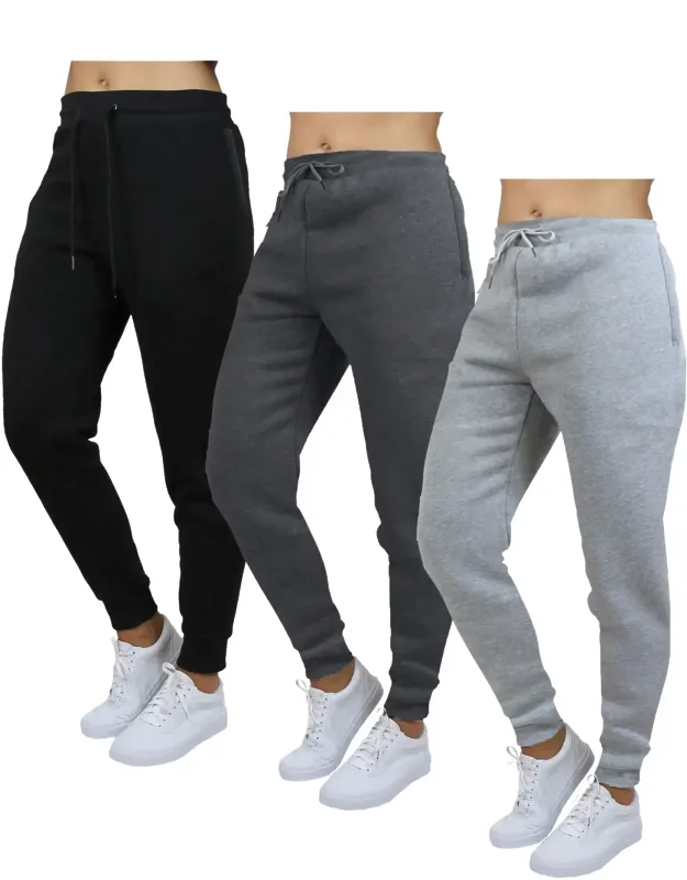 Loose Fit Heavyweight Classic Fleece Jogger Sweatpants With Zipper Side Pockets - 3 Pack