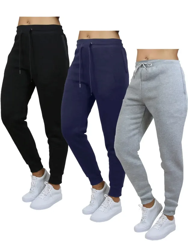 Loose Fit Heavyweight Classic Fleece Jogger Sweatpants With Zipper Side Pockets - 3 Pack