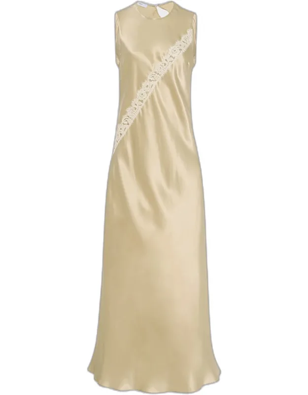 Bias-cut Diagonal Lace Satin Slip Dress