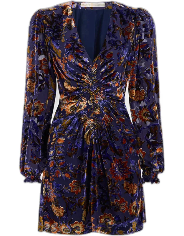 Smocked Velvet-flocked Mini Dress