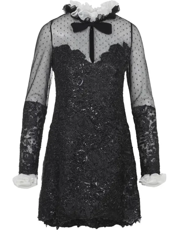 Mini Dress Crafted In Polyester, Polyamide And Silk, Ruffled Collar
