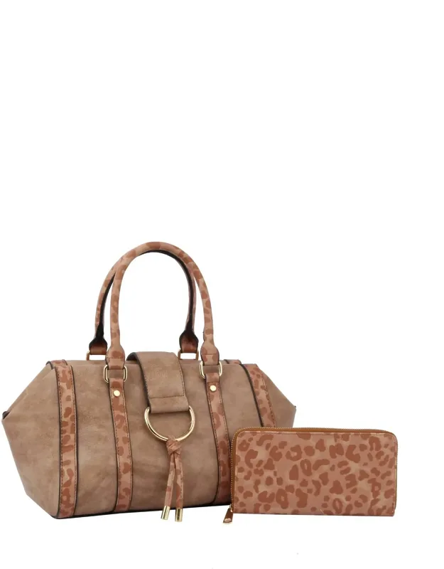 Duffle Satchel Bag With Wallet And Crossbody Strap In Leopard Stone