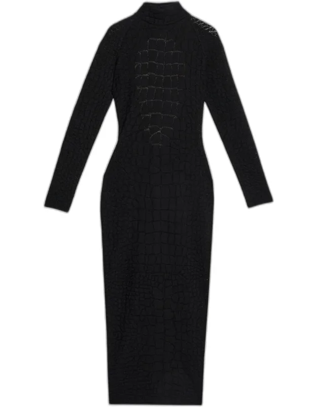Croco-jacquard Backless Long-sleeve Midi Dress