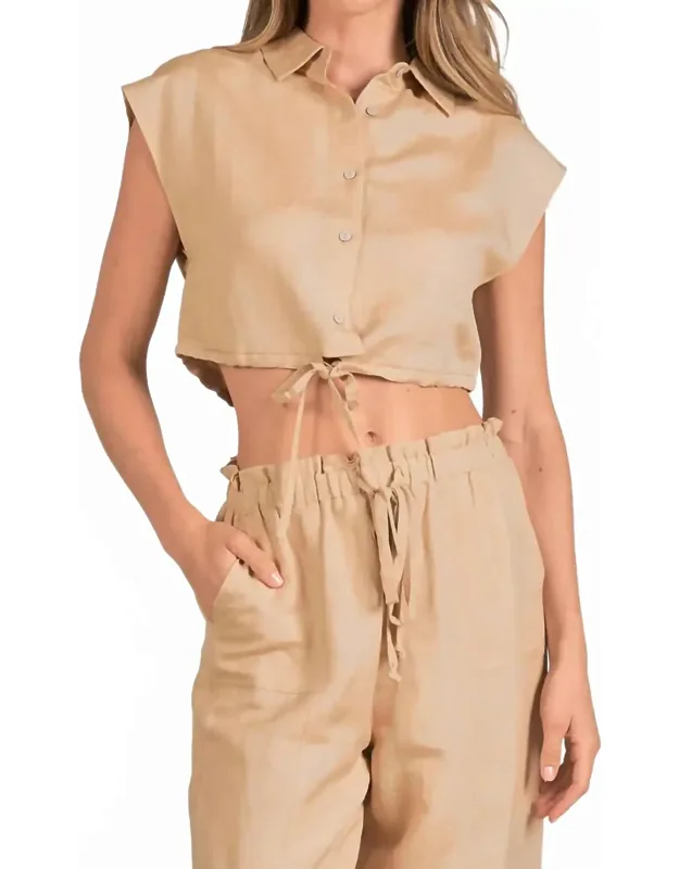 Crop Linen-blend Button Up Top