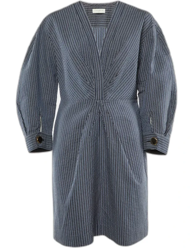 Striped Cotton Blend Plunge Neck Mini Dress