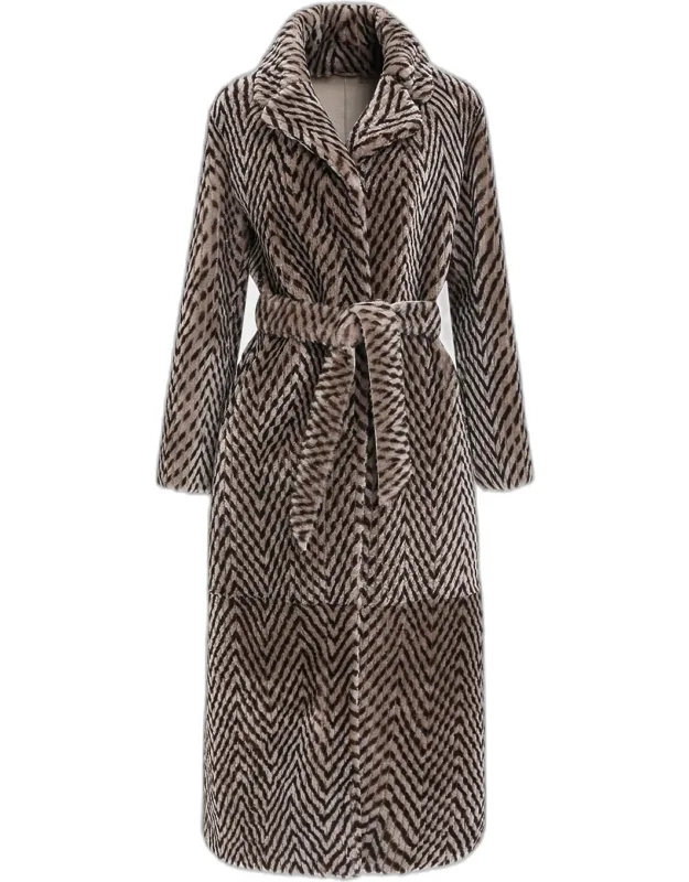 Reversible Chevron-print Grooved Shearling Lamb Coat