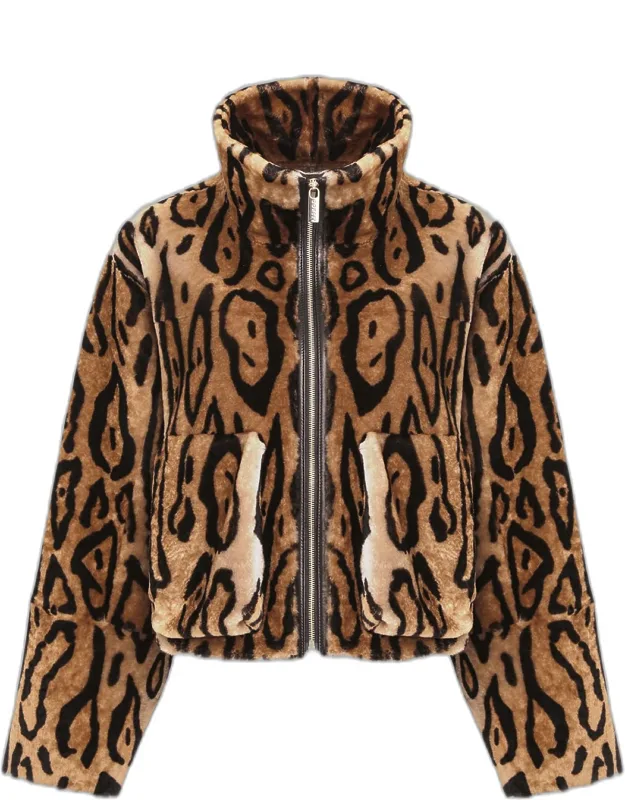 Ocelot-print Shearling Lamb Zip Jacket