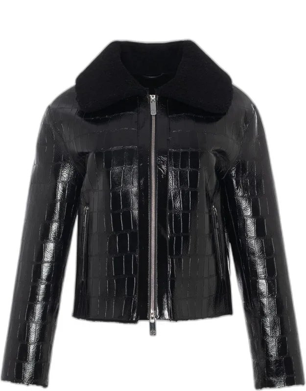Shearling Lamb Croco Embossed Zip Jacket