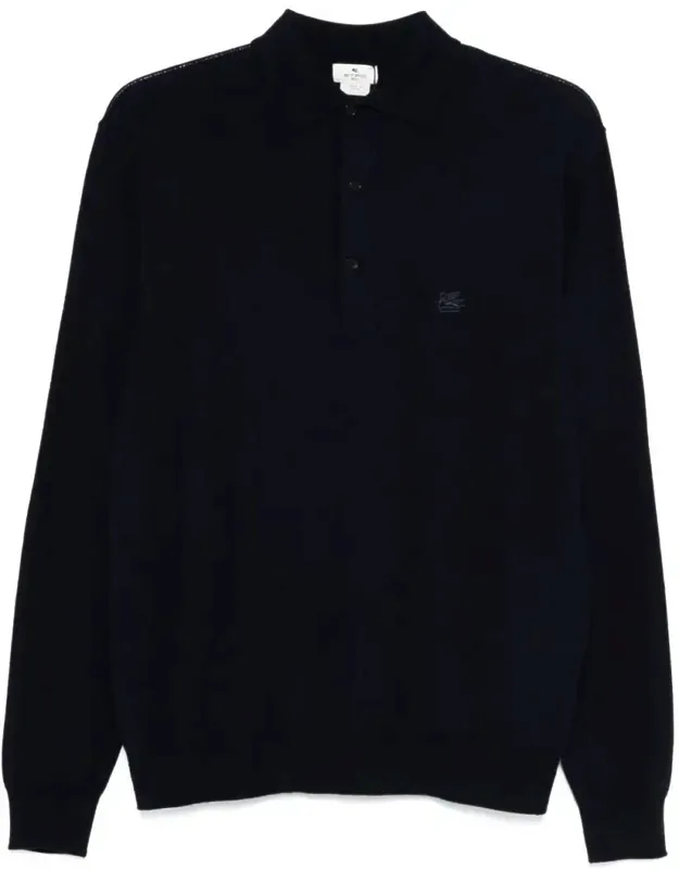 Sweater With Ribbed Polo Collar And Embroidered Logo