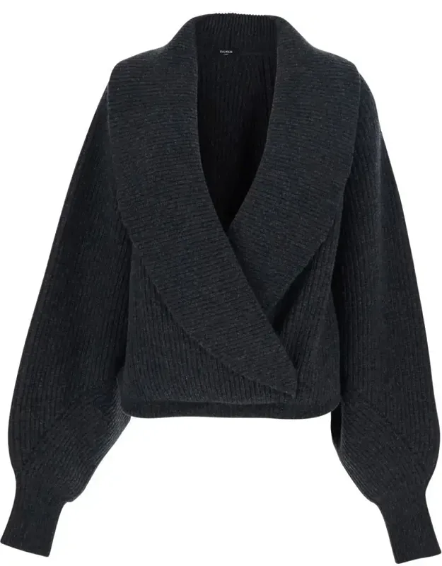 Sweater With Weap Effect And Wide Revers In Wool