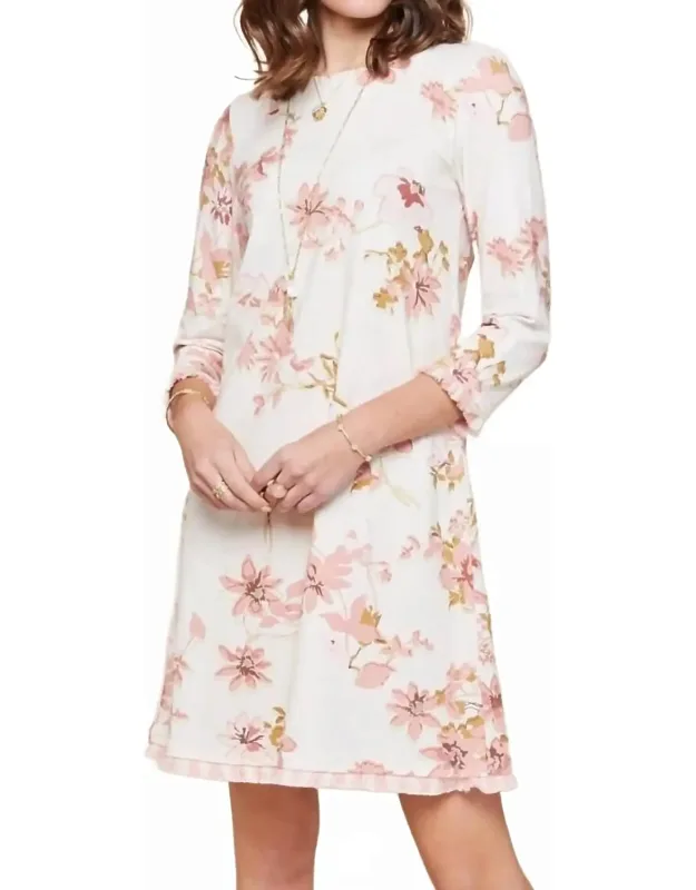 Island Fringe Floral Print Long Sleeve Dress