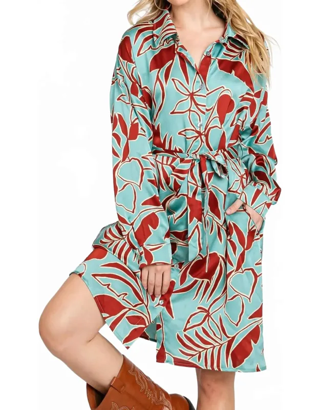 Printed Satin Midi Shirt Dress