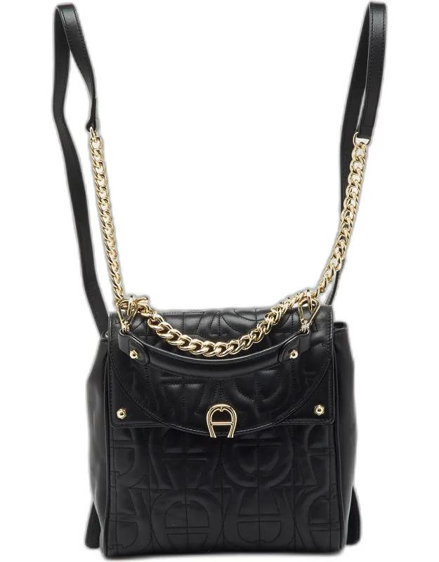 Logo Embroidered Leather Backpack