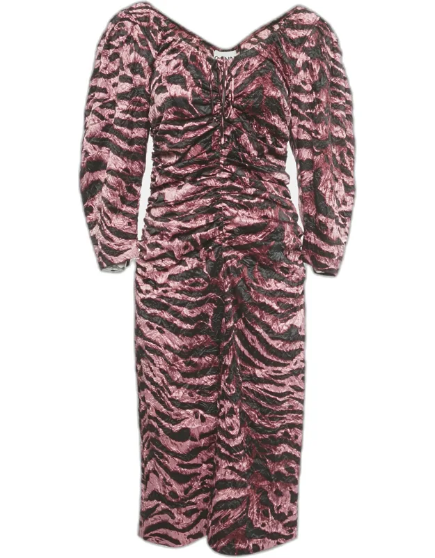 Zebra Print Crepe Ruched Midi Dress