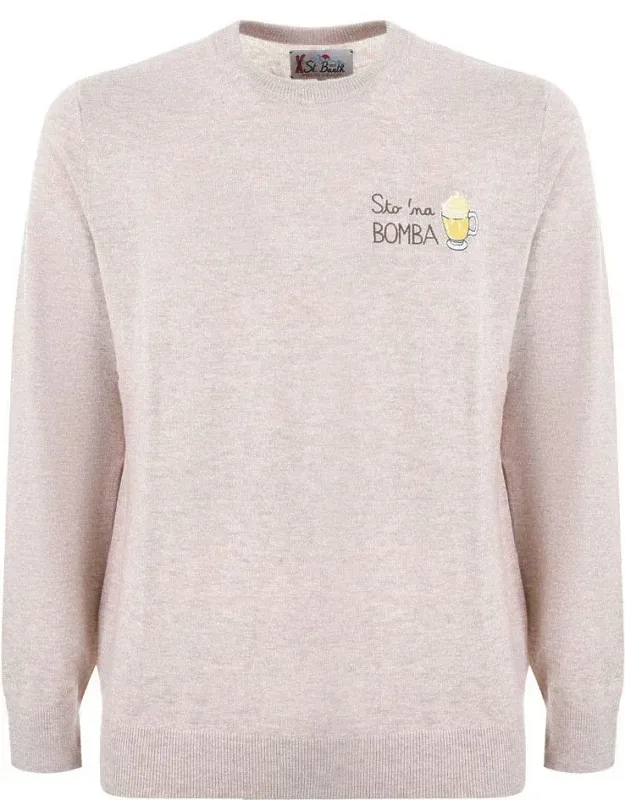 Sweater With Ribbed Crewneck And "sto Na Bomba" Embroidery