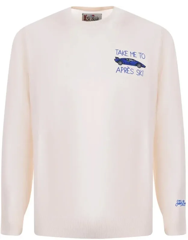 Mc2 Saint Barth Wool And Cashmere Blend Sweater With "take Me To Apres Sky" Embroidery