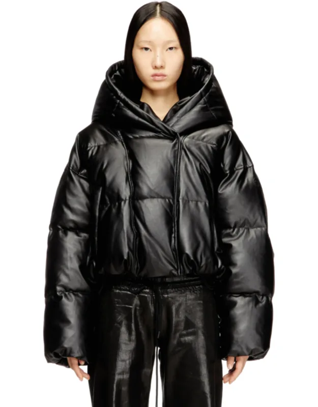 Hooded Puffer Jacket In Coated Fabric - Leather Jacket