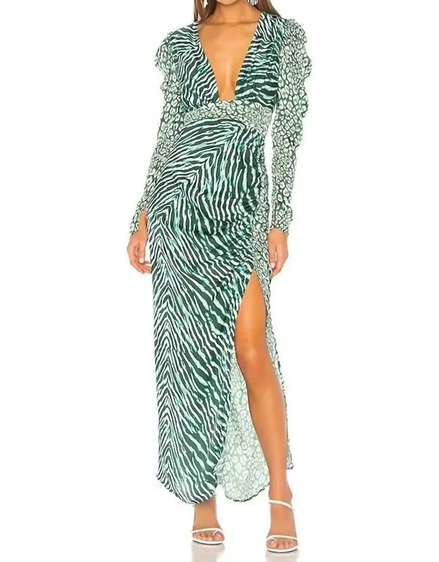 Animal Print Satin Puff Sleeve Sheath Dress