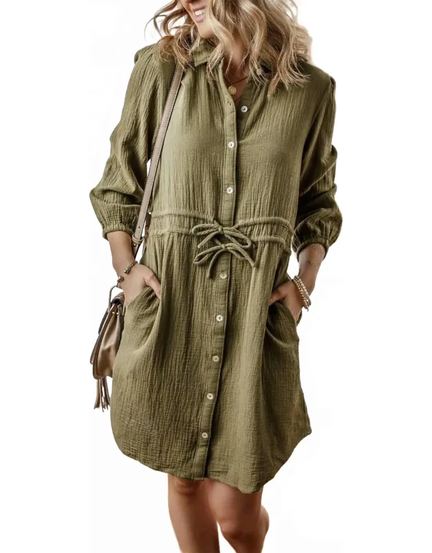 Textured Button Up Tied Dress