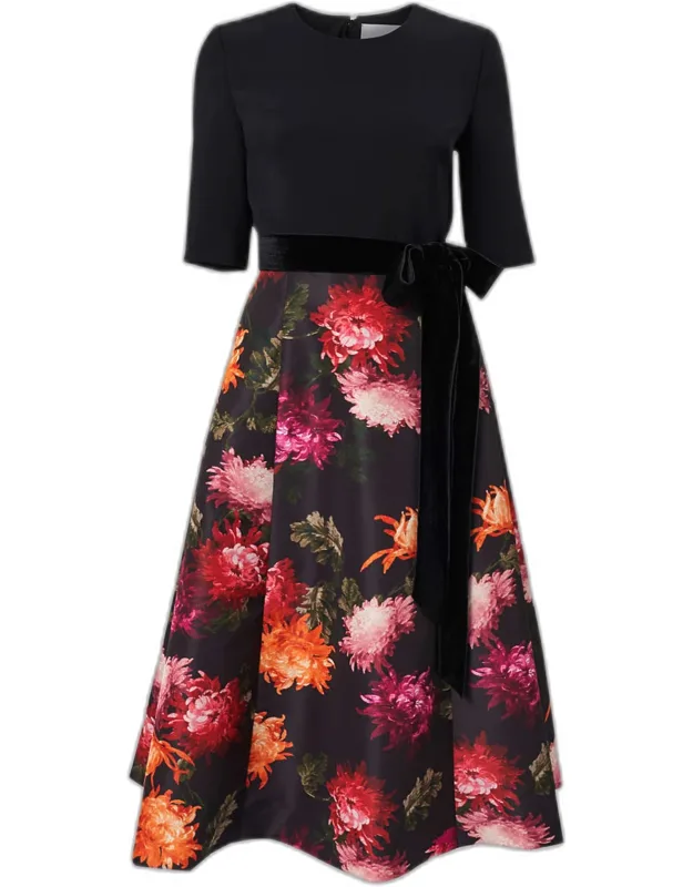 Floral Elbow-sleeve Bow Midi Dress