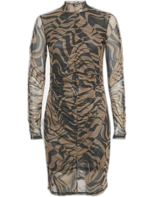 Printed Stretch Mesh Ruche Dress
