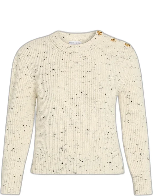 Button-shoulder Speckled Rib Crewneck Sweater