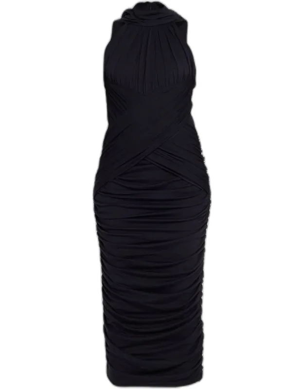 Draped Crisscross Jersey Halter Midi Dress