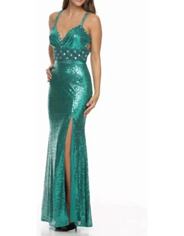 Beaded Waist Sequin Evening Dress